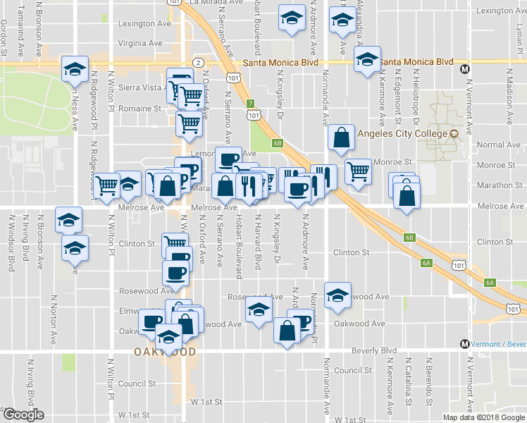map of restaurants, bars, coffee shops, grocery stores, and more near in Los Angeles