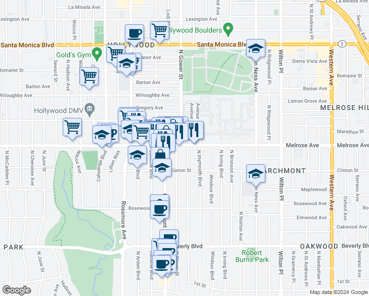 map of restaurants, bars, coffee shops, grocery stores, and more near 640 North Beachwood Drive in Los Angeles