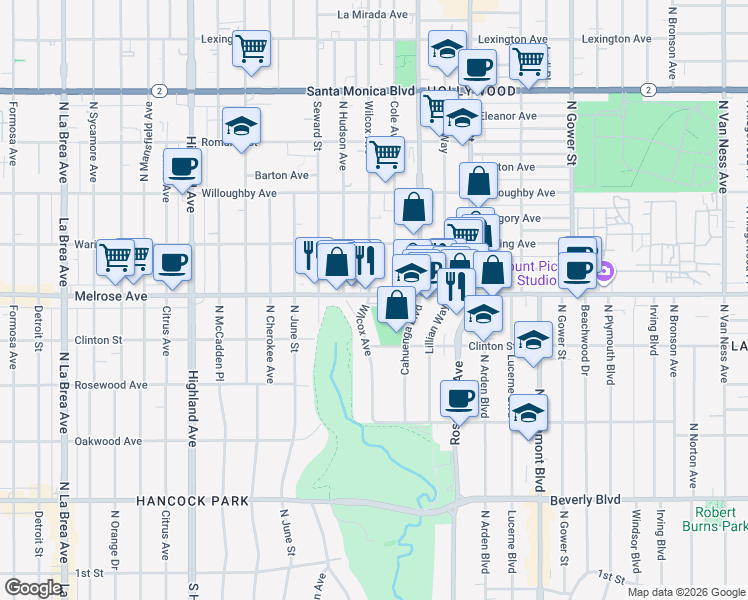 map of restaurants, bars, coffee shops, grocery stores, and more near 5944 Melrose Avenue in Los Angeles