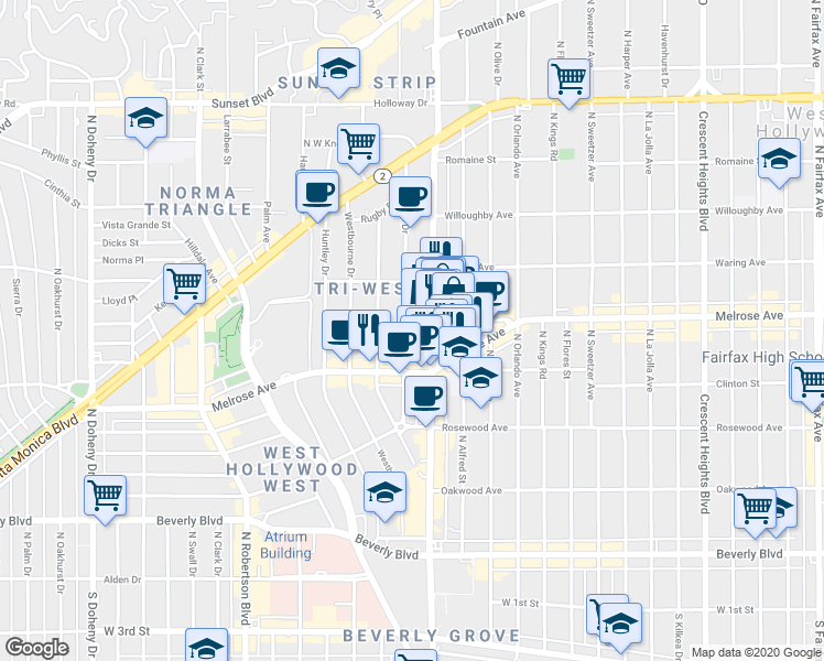 map of restaurants, bars, coffee shops, grocery stores, and more near 637 North La Cienega Boulevard in West Hollywood
