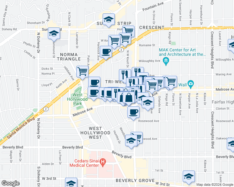 map of restaurants, bars, coffee shops, grocery stores, and more near 636 Westmount Drive in West Hollywood