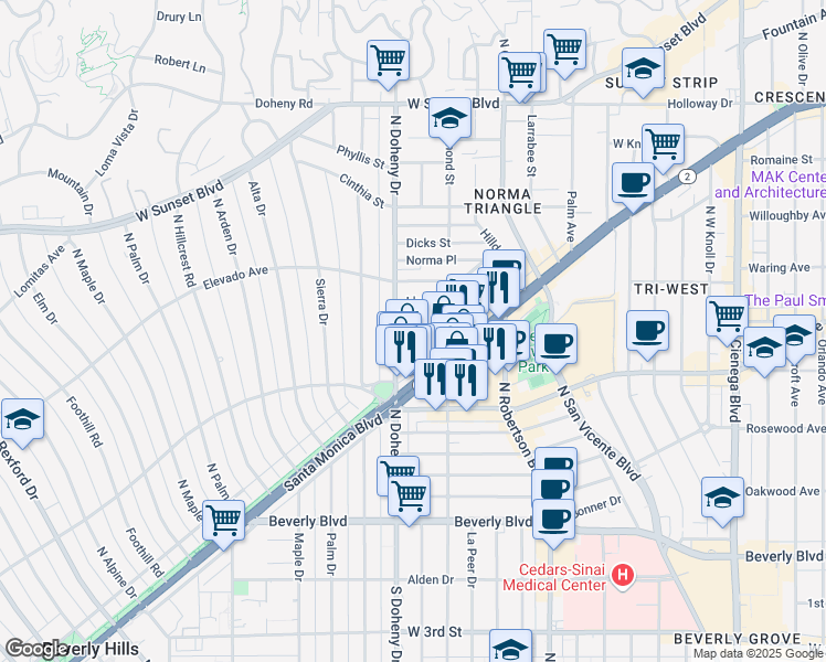 map of restaurants, bars, coffee shops, grocery stores, and more near 9065 Harland Avenue in West Hollywood