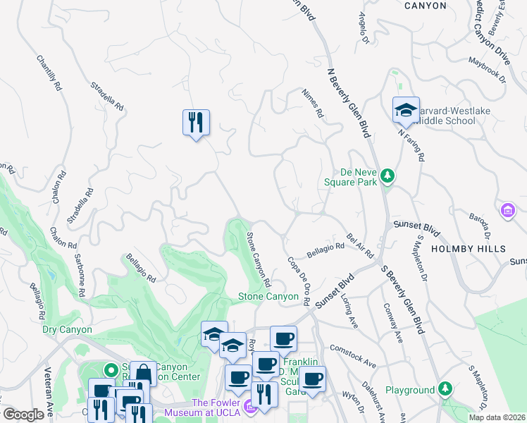 map of restaurants, bars, coffee shops, grocery stores, and more near 10539 Bellagio Road in Los Angeles