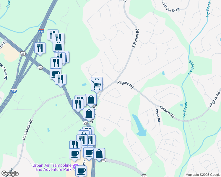 map of restaurants, bars, coffee shops, grocery stores, and more near 2040 Harvest Ridge Circle Northeast in Buford