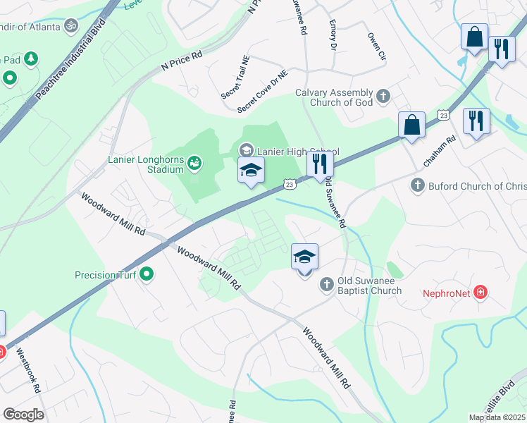 map of restaurants, bars, coffee shops, grocery stores, and more near Dodd Lane in Buford