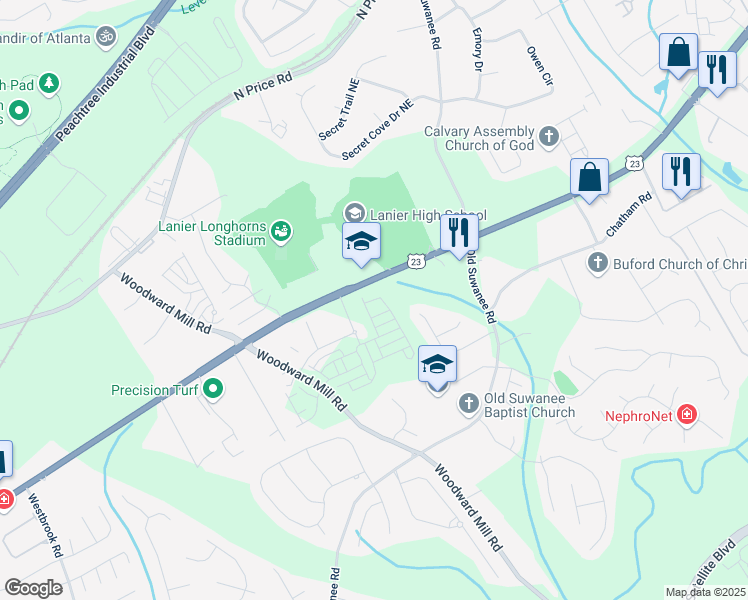 map of restaurants, bars, coffee shops, grocery stores, and more near Dodd Lane in Buford