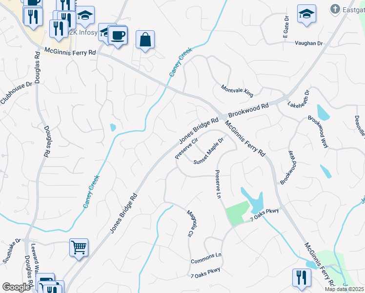 map of restaurants, bars, coffee shops, grocery stores, and more near 5605 Preserve Circle in Alpharetta