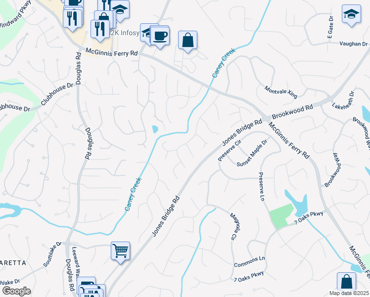 map of restaurants, bars, coffee shops, grocery stores, and more near 205 Ashebourne Trail in Alpharetta