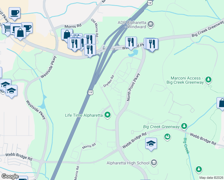 map of restaurants, bars, coffee shops, grocery stores, and more near 735 Topsail Lane in Alpharetta