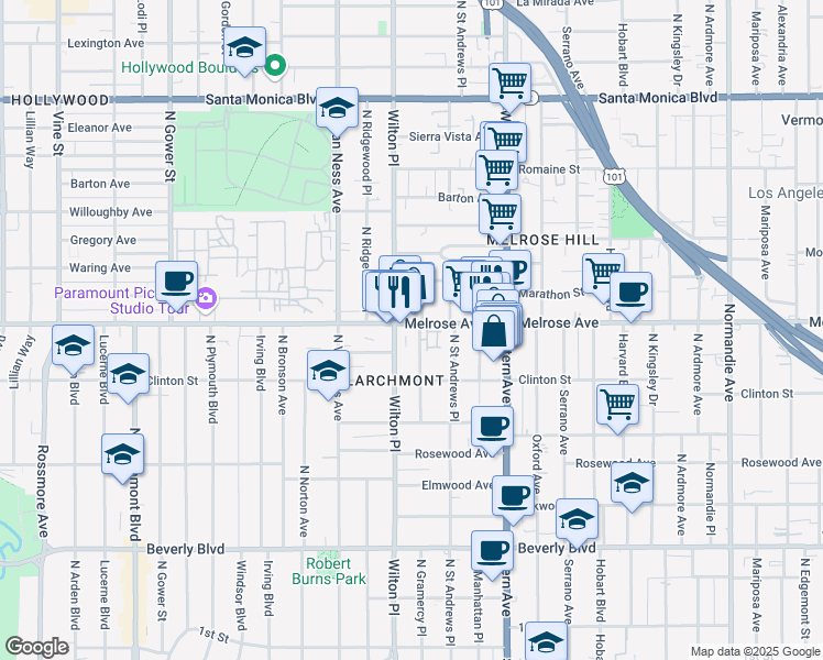map of restaurants, bars, coffee shops, grocery stores, and more near 642 North Gramercy Place in Los Angeles