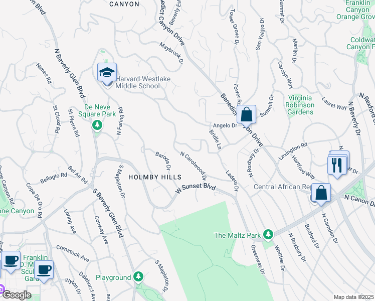 map of restaurants, bars, coffee shops, grocery stores, and more near 1001 North Hanover Drive in Beverly Hills