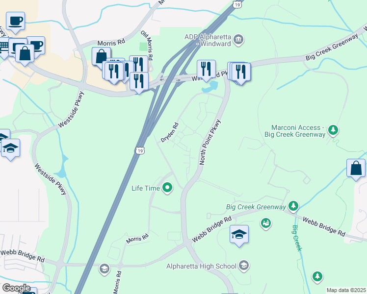 map of restaurants, bars, coffee shops, grocery stores, and more near 742 Topsail Lane in Alpharetta