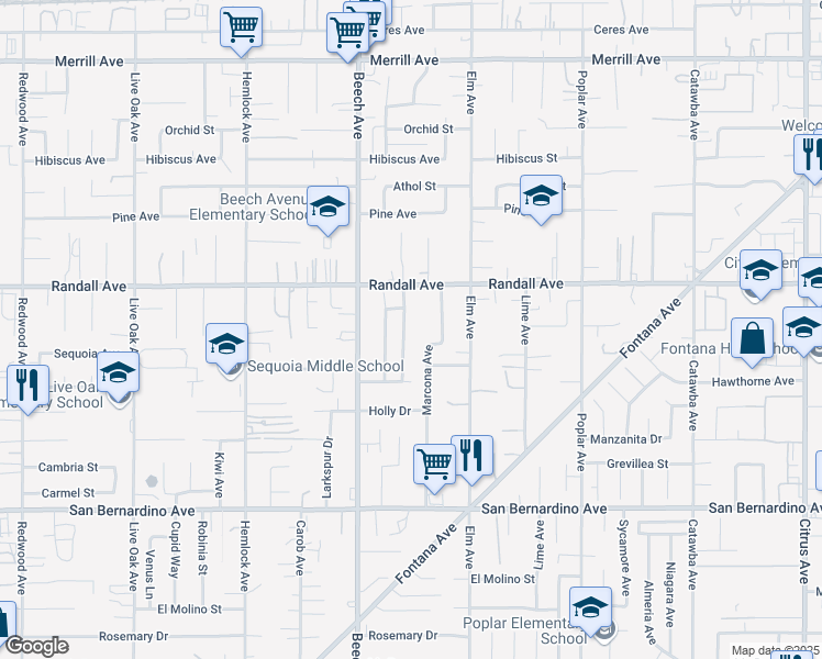 map of restaurants, bars, coffee shops, grocery stores, and more near 9381 Sultana Avenue in Fontana