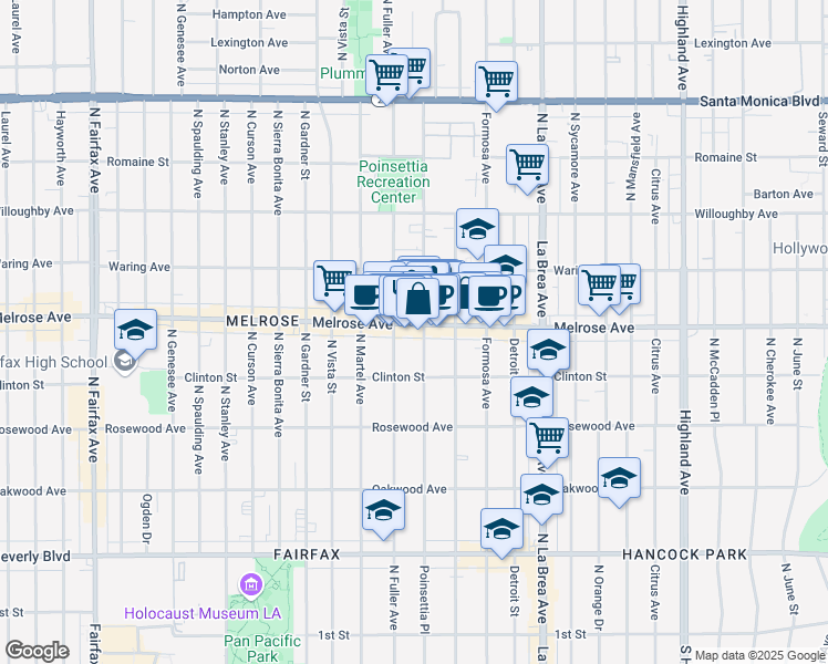 map of restaurants, bars, coffee shops, grocery stores, and more near 638 North Poinsettia Place in Los Angeles