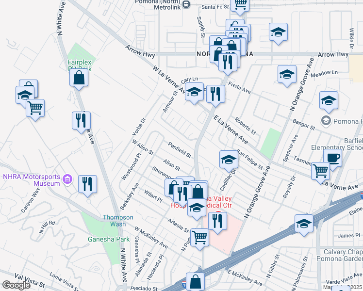 map of restaurants, bars, coffee shops, grocery stores, and more near 153 Penfield Street in Pomona