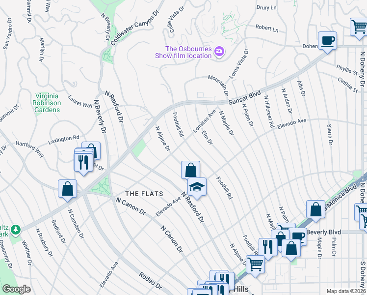 map of restaurants, bars, coffee shops, grocery stores, and more near 725 Foothill Road in Beverly Hills