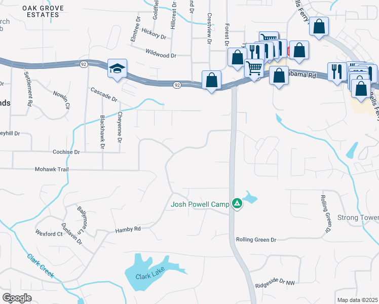 map of restaurants, bars, coffee shops, grocery stores, and more near 5289 Hopgood Road in Acworth