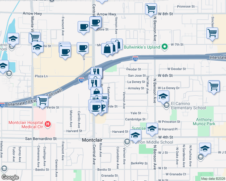 map of restaurants, bars, coffee shops, grocery stores, and more near 9400 Columbine Avenue in Montclair