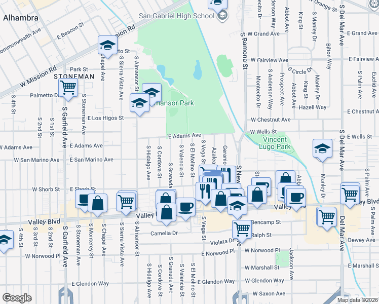 map of restaurants, bars, coffee shops, grocery stores, and more near 1036 South Valencia Street in Alhambra