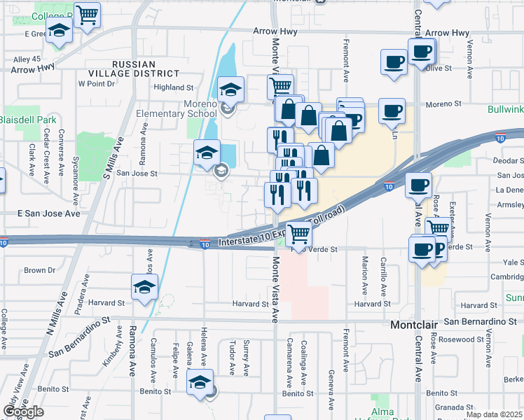 map of restaurants, bars, coffee shops, grocery stores, and more near 9386 Mesa Verde Drive in Montclair
