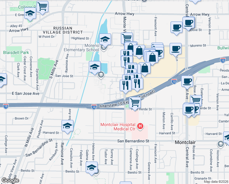 map of restaurants, bars, coffee shops, grocery stores, and more near 9384 Roundup Drive in Montclair