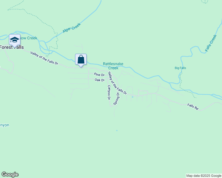 map of restaurants, bars, coffee shops, grocery stores, and more near 9361 Canyon Drive in Forest Falls