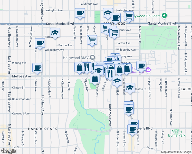 map of restaurants, bars, coffee shops, grocery stores, and more near 5924 Melrose Avenue in Los Angeles