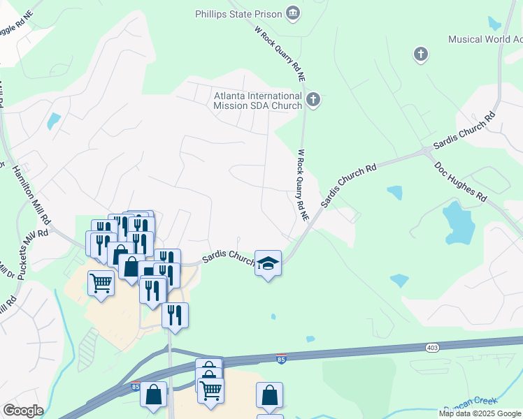 map of restaurants, bars, coffee shops, grocery stores, and more near 2649 Ogden Trail in Buford