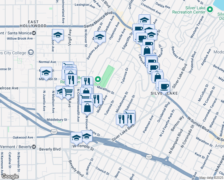 map of restaurants, bars, coffee shops, grocery stores, and more near 754 Maltman Avenue in Los Angeles