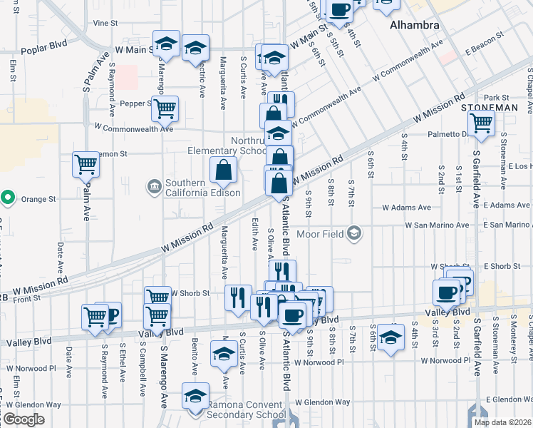 map of restaurants, bars, coffee shops, grocery stores, and more near 811 South Olive Avenue in Alhambra