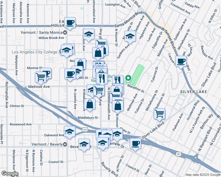 map of restaurants, bars, coffee shops, grocery stores, and more near 654 North Commonwealth Avenue in Los Angeles