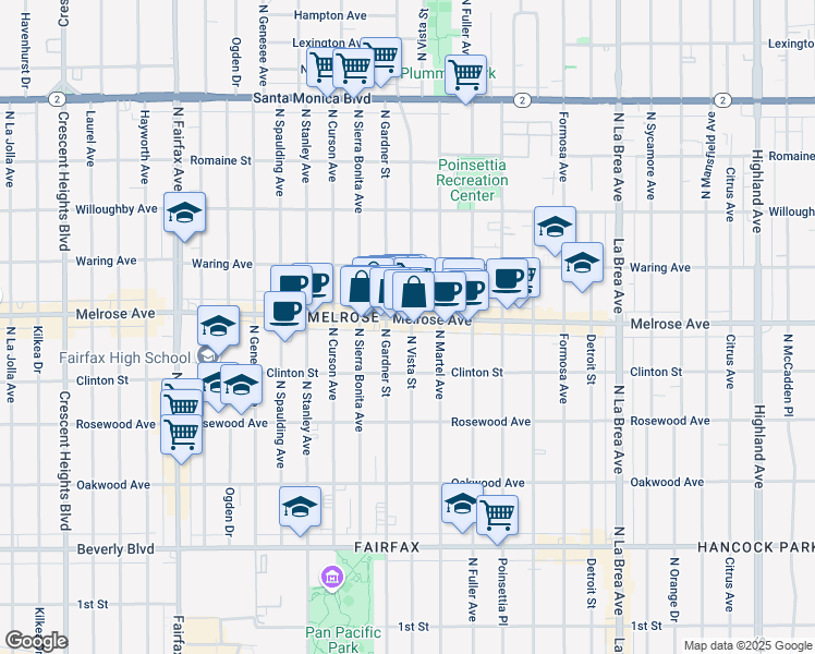 map of restaurants, bars, coffee shops, grocery stores, and more near 638 North Gardner Street in Los Angeles