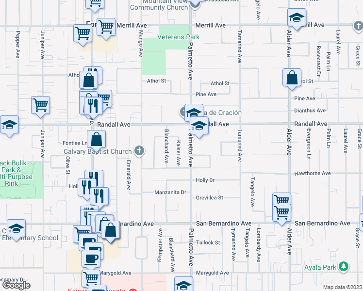 map of restaurants, bars, coffee shops, grocery stores, and more near 9387 Kaiser Avenue in Fontana