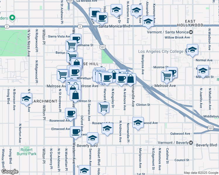 map of restaurants, bars, coffee shops, grocery stores, and more near 4760 Melrose Avenue in Los Angeles