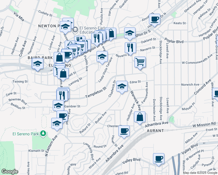 map of restaurants, bars, coffee shops, grocery stores, and more near 5130 Templeton Street in Los Angeles
