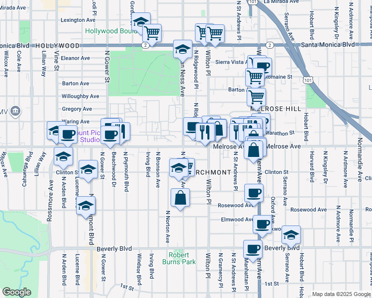 map of restaurants, bars, coffee shops, grocery stores, and more near 5254 Melrose Avenue in Los Angeles