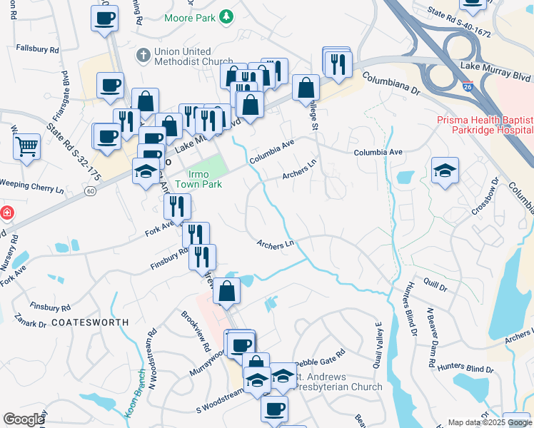 map of restaurants, bars, coffee shops, grocery stores, and more near 704 Woodcreek Court in Columbia