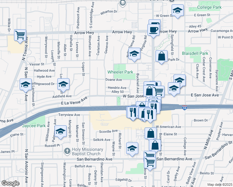 map of restaurants, bars, coffee shops, grocery stores, and more near 639 West San Jose Avenue in Claremont
