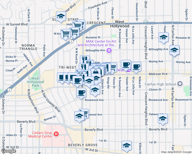 map of restaurants, bars, coffee shops, grocery stores, and more near in Los Angeles