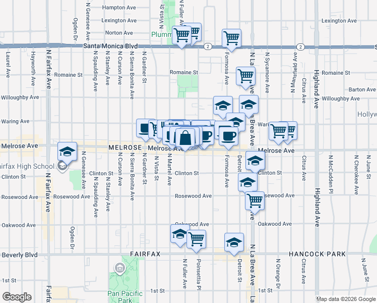 map of restaurants, bars, coffee shops, grocery stores, and more near 7371 Melrose Avenue in Los Angeles
