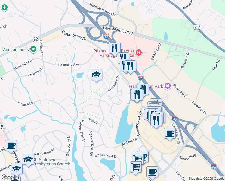 map of restaurants, bars, coffee shops, grocery stores, and more near 5 Crossbow Place in Columbia