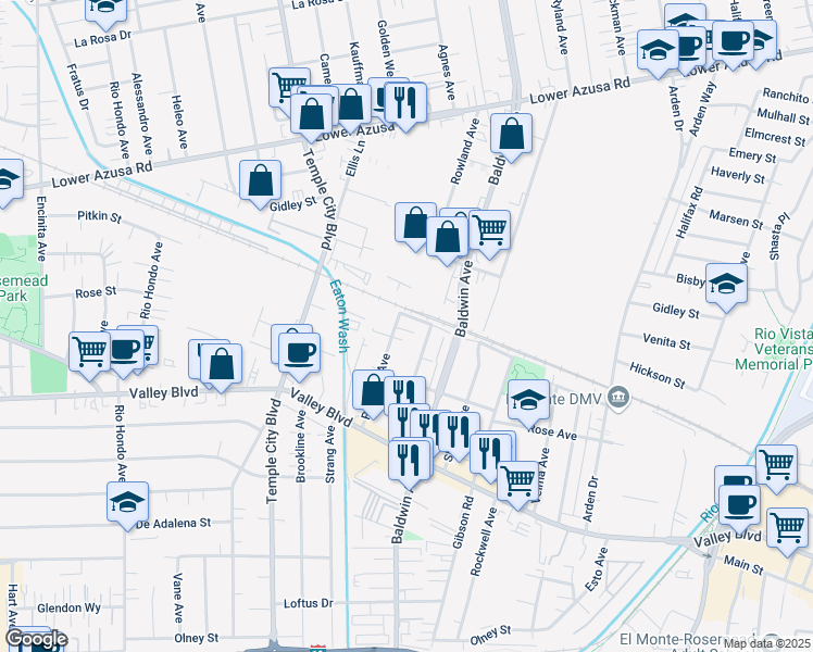 map of restaurants, bars, coffee shops, grocery stores, and more near 4152 Rowland Avenue in El Monte
