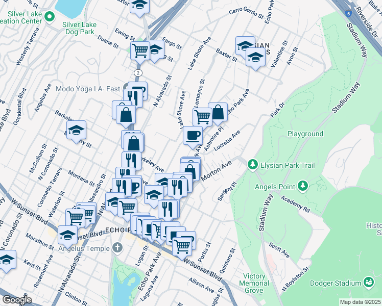 map of restaurants, bars, coffee shops, grocery stores, and more near 1633 Lucretia Avenue in Los Angeles