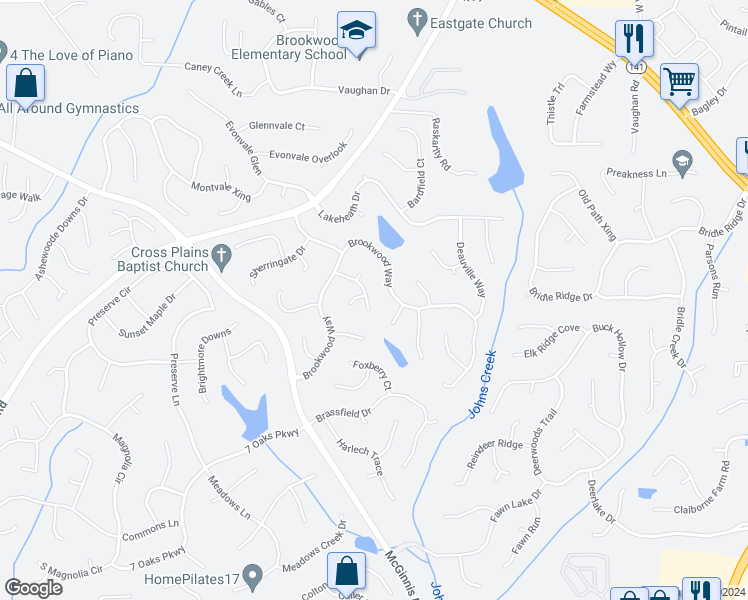 map of restaurants, bars, coffee shops, grocery stores, and more near 7515 Tadworth Trace in Cumming