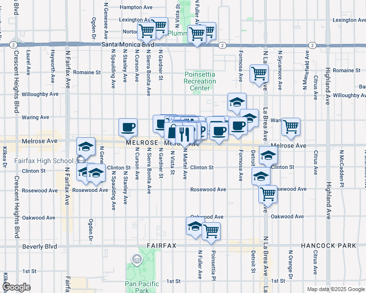 map of restaurants, bars, coffee shops, grocery stores, and more near 7403 Melrose Avenue in Los Angeles