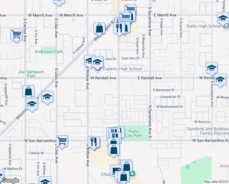 map of restaurants, bars, coffee shops, grocery stores, and more near 1004 South Riverside Avenue in Rialto