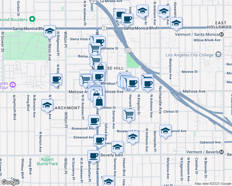 map of restaurants, bars, coffee shops, grocery stores, and more near 648 North Serrano Avenue in Los Angeles