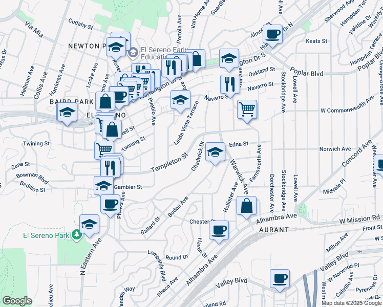 map of restaurants, bars, coffee shops, grocery stores, and more near 5130 Templeton Street in Los Angeles