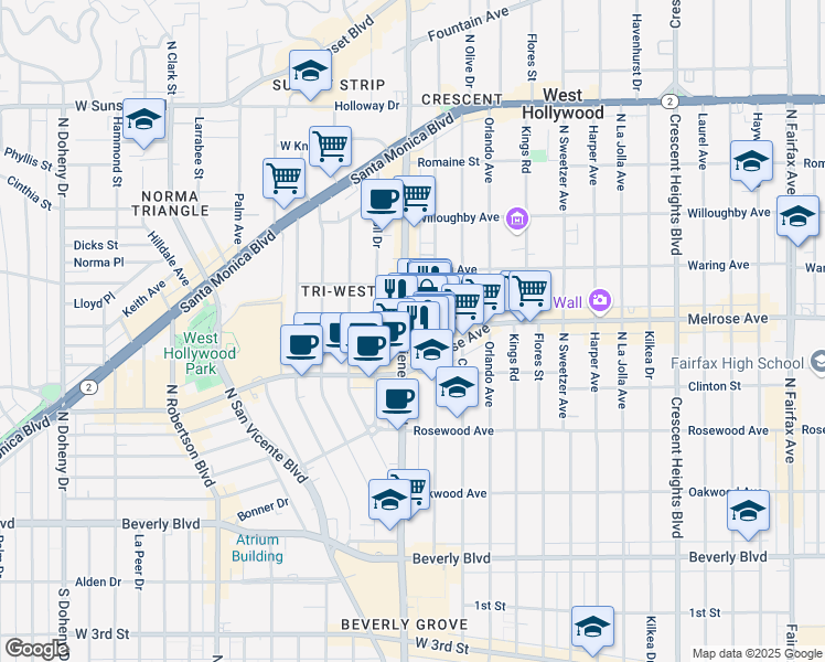 map of restaurants, bars, coffee shops, grocery stores, and more near 630 North La Cienega Boulevard in Los Angeles