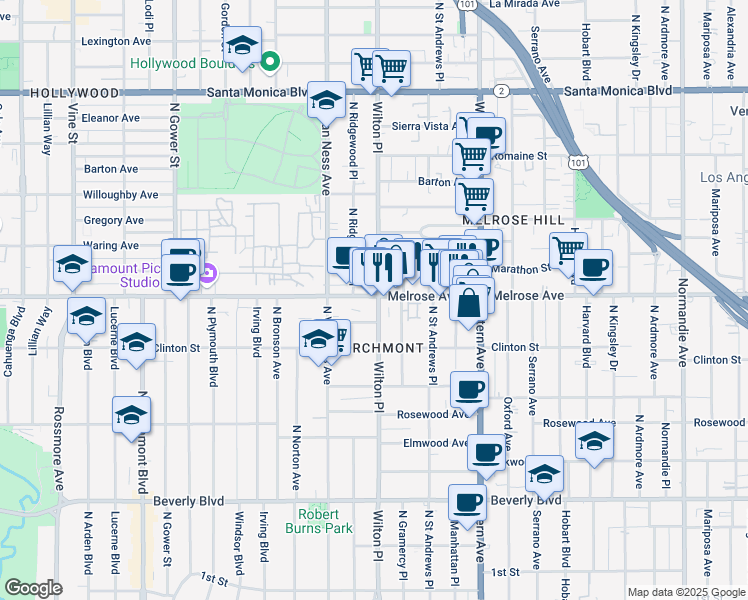 map of restaurants, bars, coffee shops, grocery stores, and more near 5202 Melrose Avenue in Los Angeles